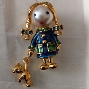 Vintage Pearl Girl w/Braids and Teddy Bear Brooch Pin 1.5"
